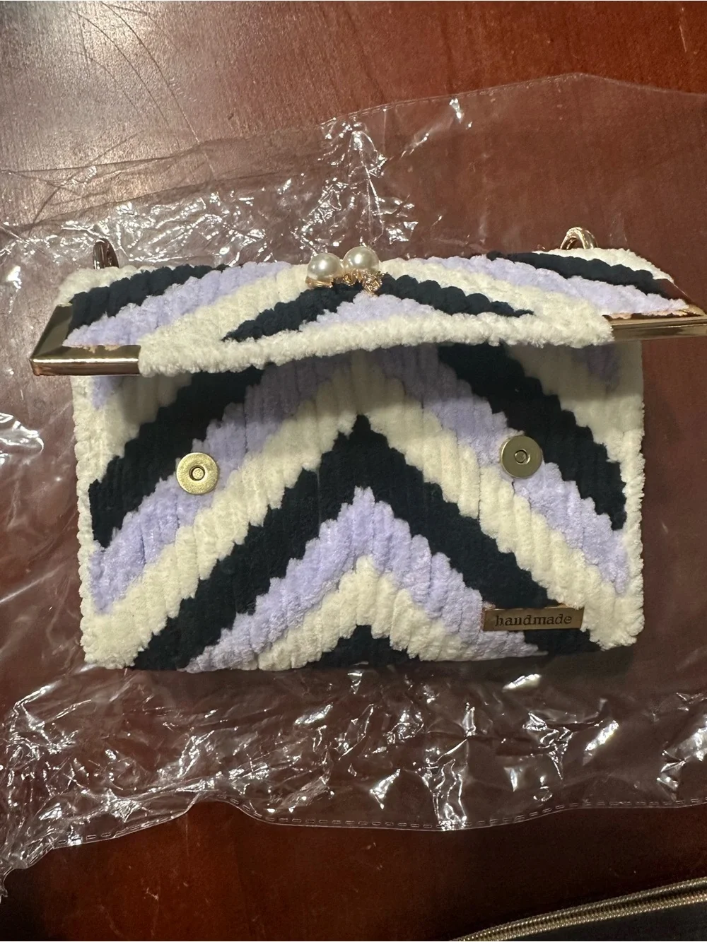 Handmade Chevron Clutch in Cream, Black & Lavender